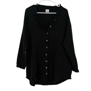 Blue Buttercup Oversized Cotton Button Down Raw Hem Top Long Size Small